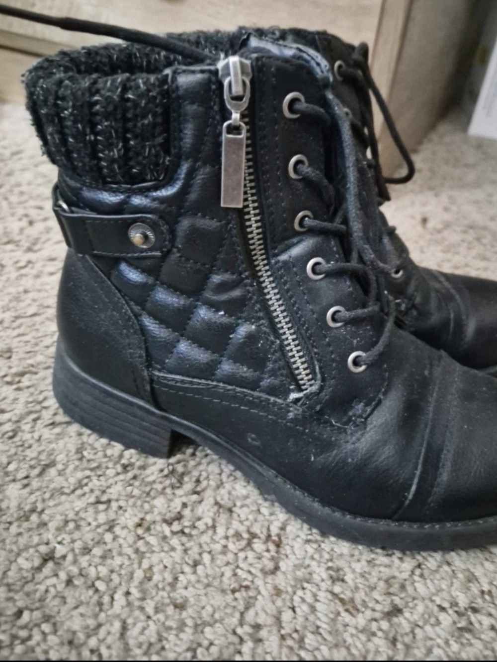 Black Quilted Lace-Up Ankle Boots with Side Zip